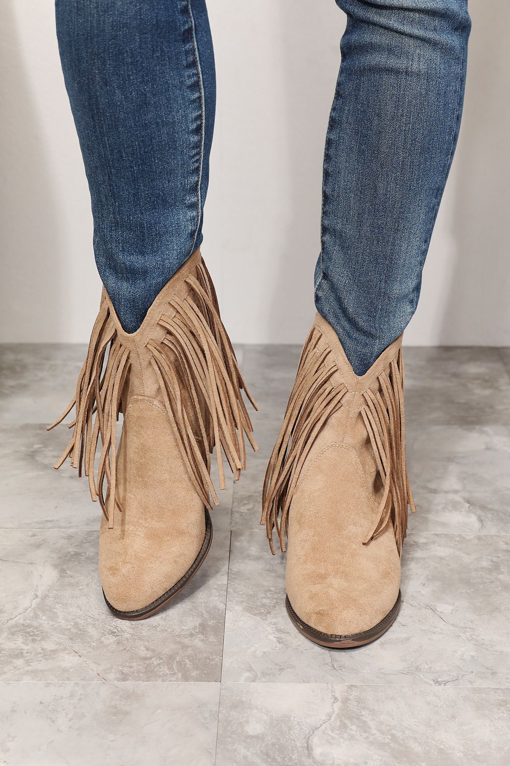 Beige Faux Suede Fringe Ankle Boots