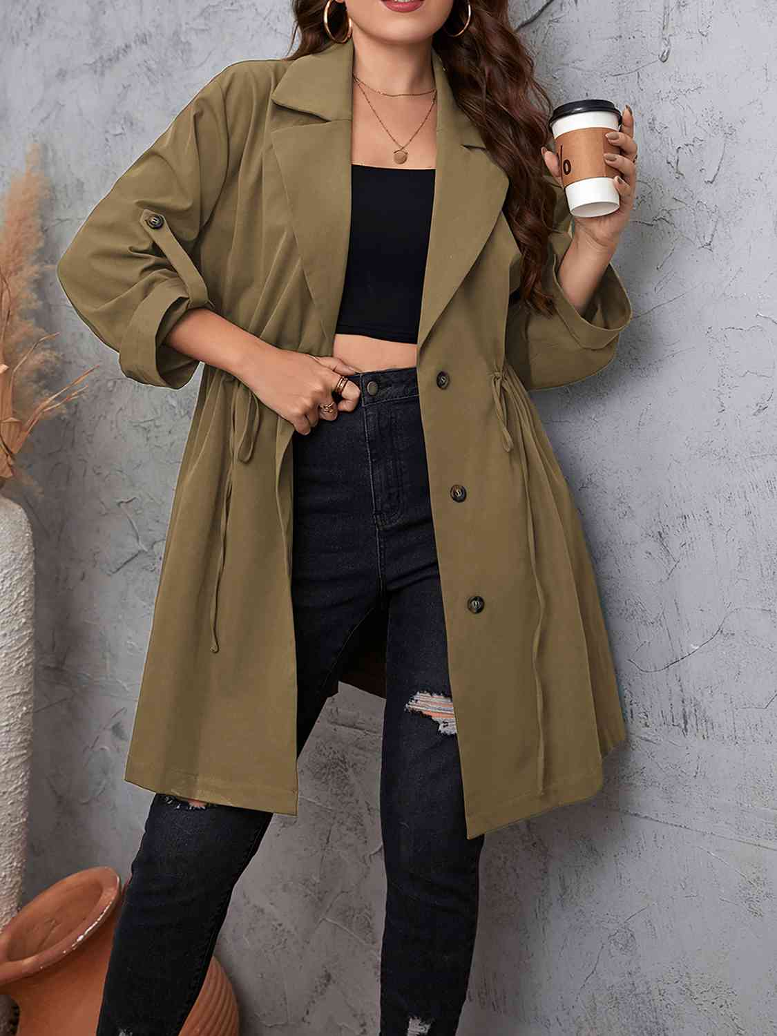 Plus Size Drawstring Trench Coat