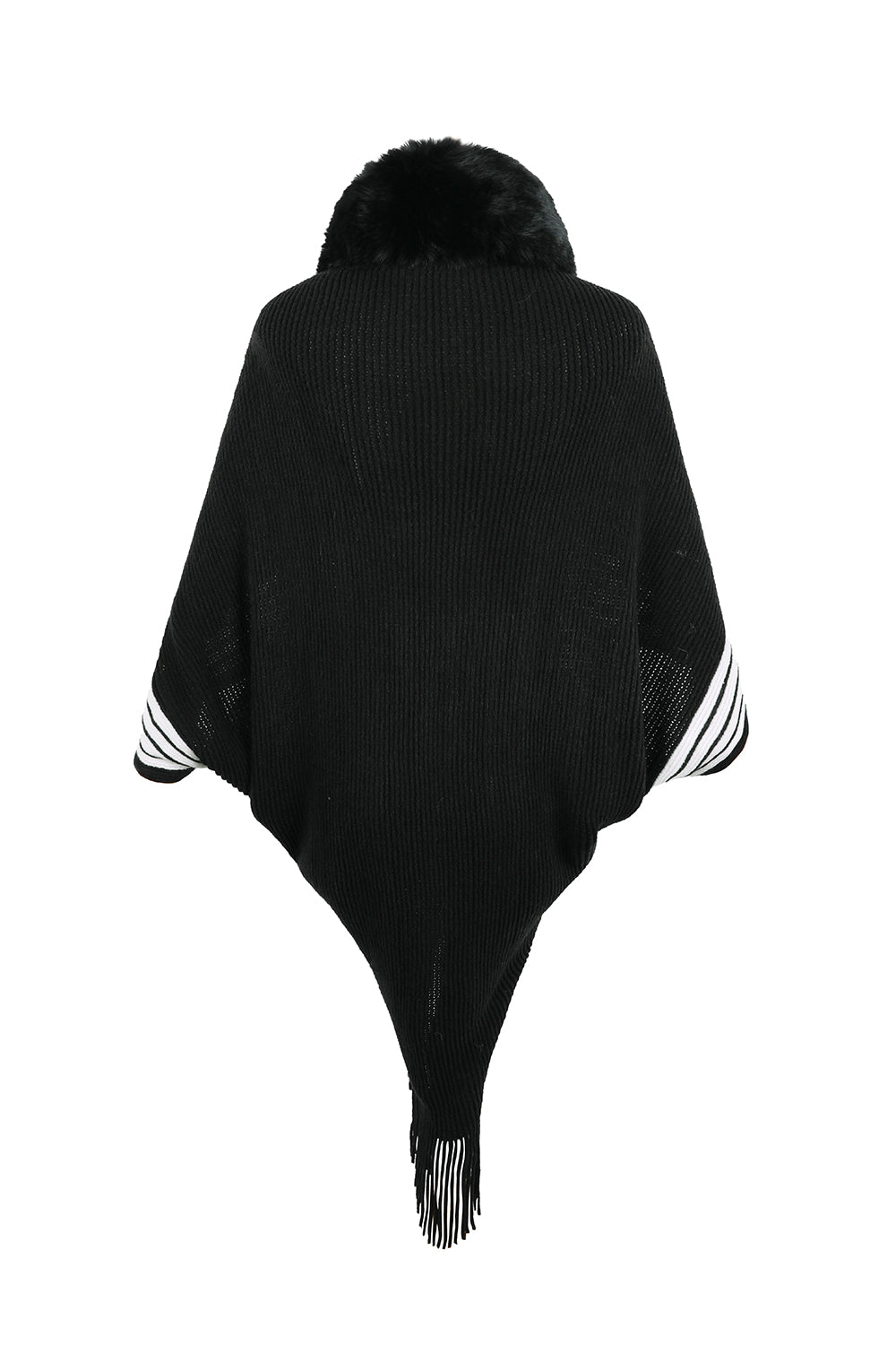 Fur Trim Striped Fringe Long Sleeve Sweater - Bazaare Mart