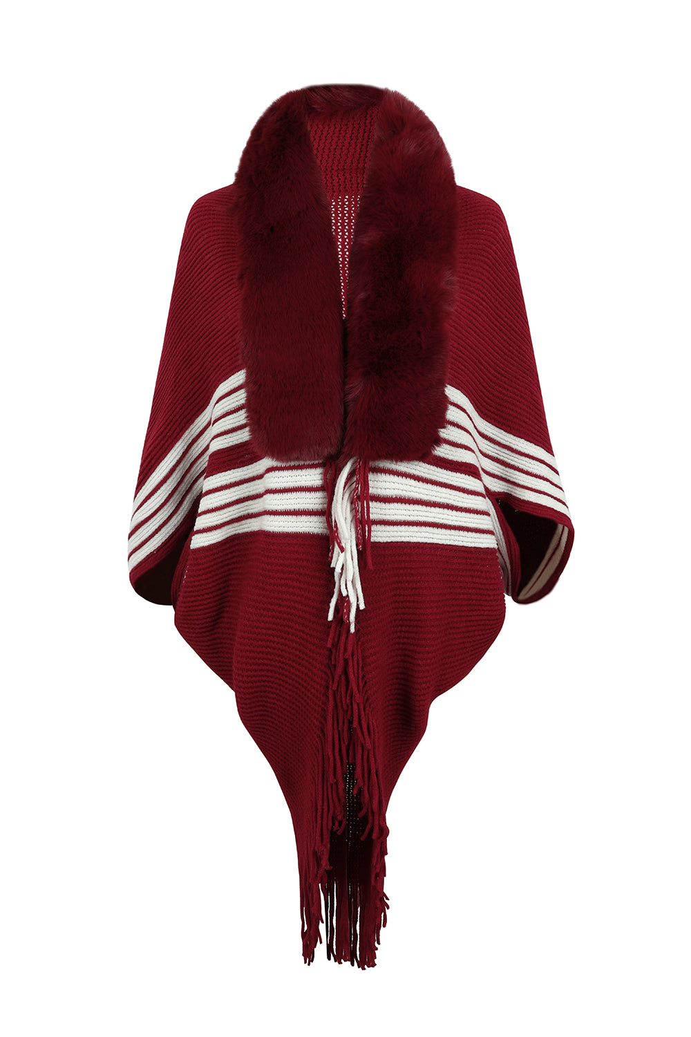 Fur Trim Striped Fringe Long Sleeve Sweater - Bazaare Mart