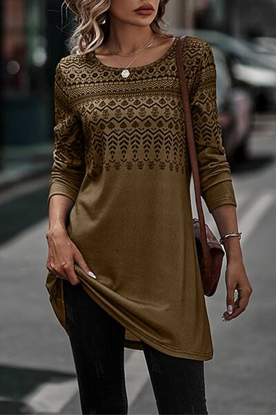 Brass Boho Printed Round Neck Long Sleeve T-Shirt Dress