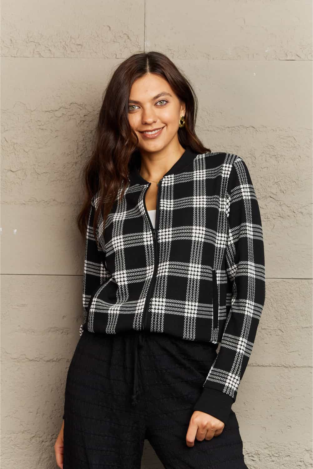 B & W Plaid Collarless Jacket