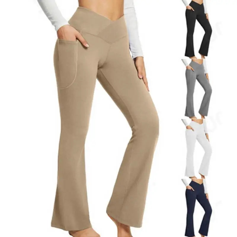 Crossover Waist Flare Yoga Pants with Side Pockets