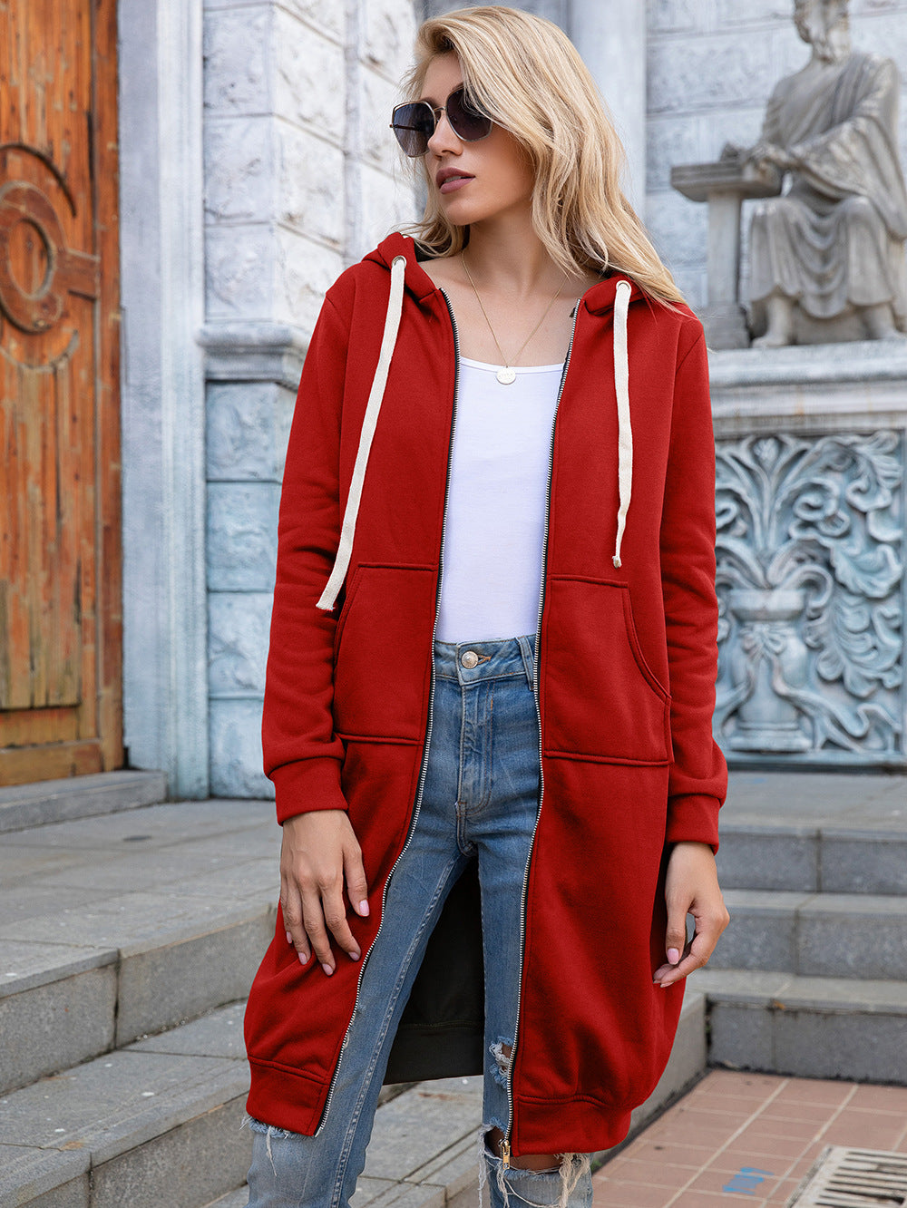 Red Longline Zip Hoodie with Pockets