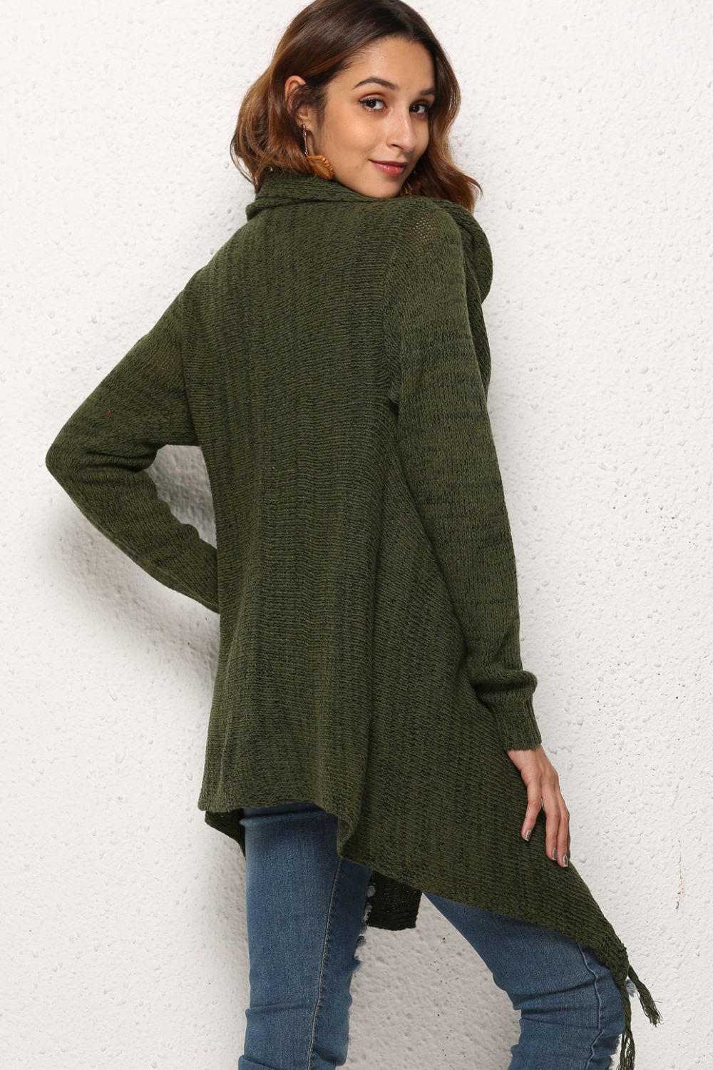 One-Button Tassel Tie Asymmetrical Hem Cardigan - Bazaare Mart