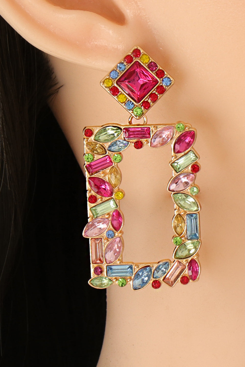 Groovie Retro Rectangle Glass Stone Dangle Earrings - Bazaare Mart