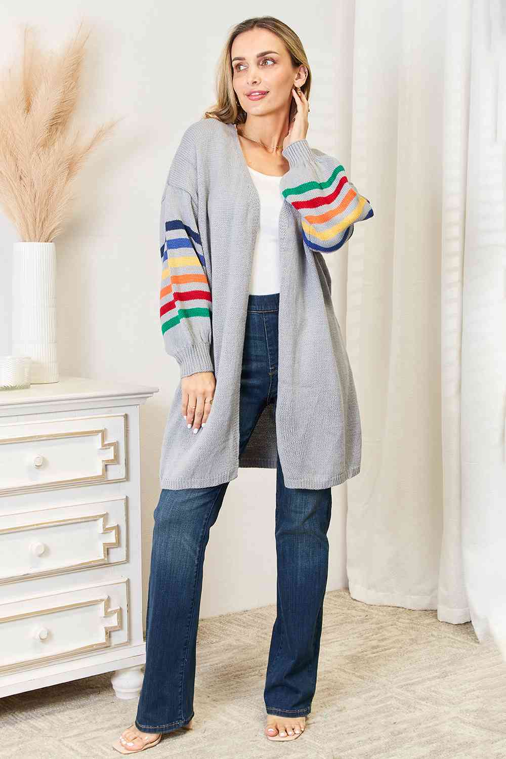 Grey Multicolored Stripe Open Front Longline Cardigan