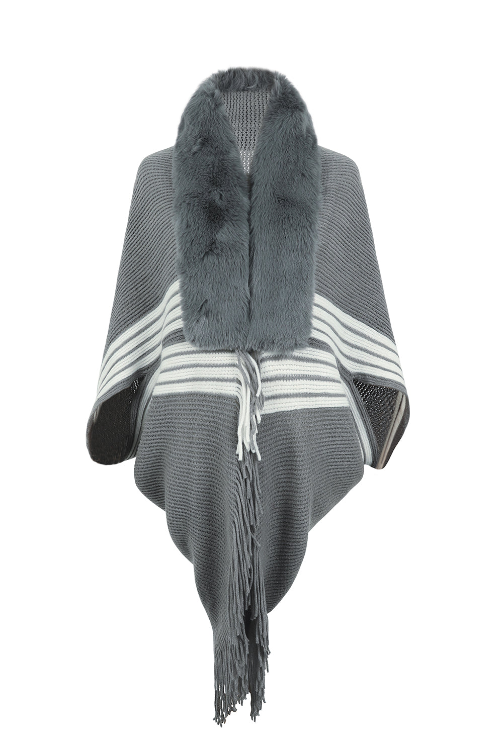 Fur Trim Striped Fringe Long Sleeve Sweater - Bazaare Mart
