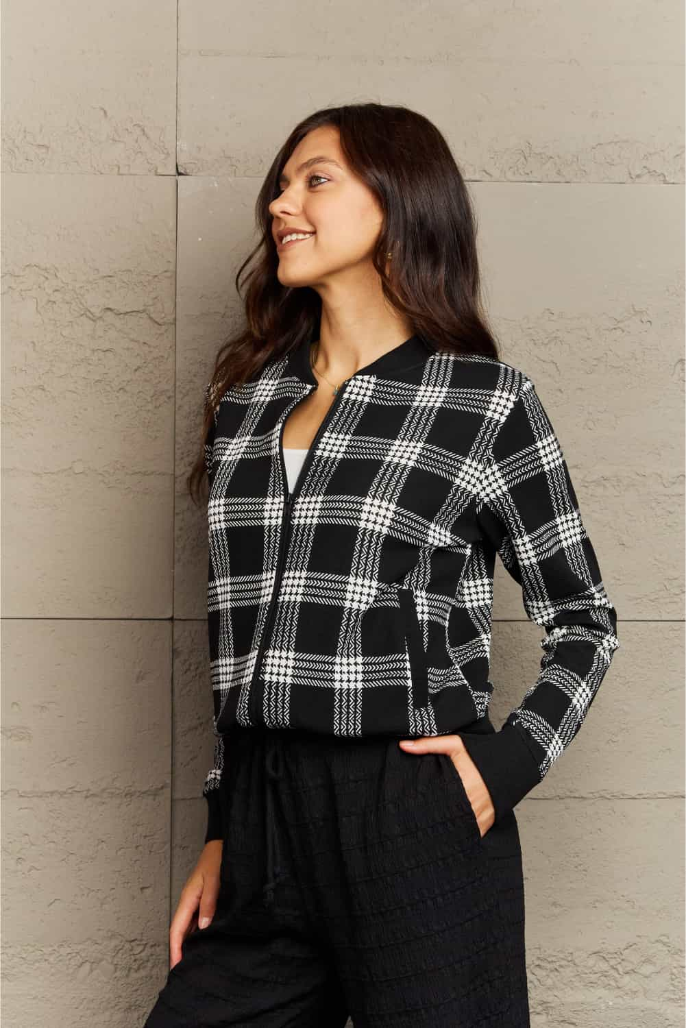 B & W Plaid Collarless Jacket