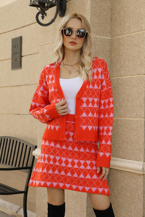 Red Geometric Button Front Cardigan and Skirt Set 