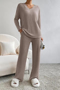 Ladies Ribbed V-Neck Loungewear Set Camel Bazaare Mart Lounge Wear
