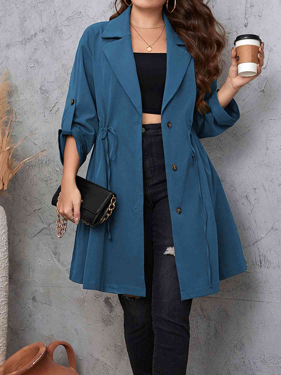 Plus Size Drawstring Trench Coat