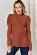 Ribbed Mock Neck Puff Long Sleeve Top Brick Red Bazaare Mart Long Sleeve Knit Top