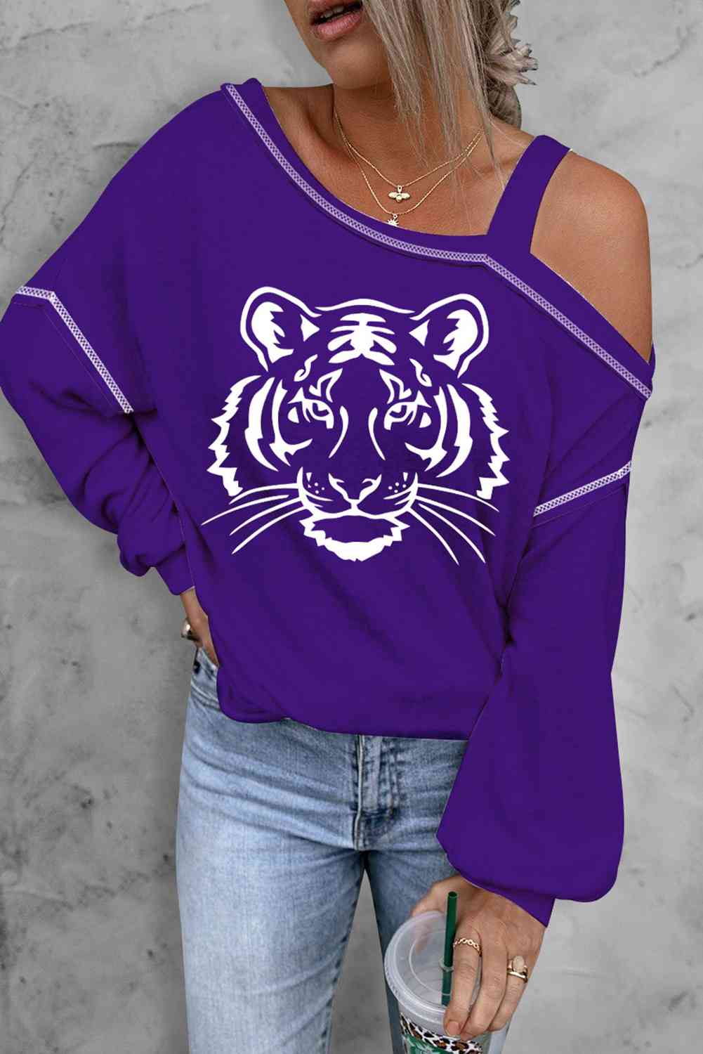 Purple Tiger Graphic Long Sleeve Asymmetrical Neck Top 