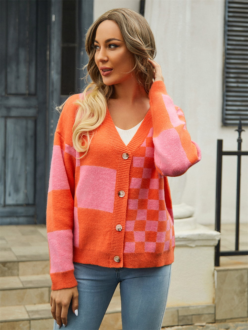 Plaid V-Neck Dropped Shoulder Cardigan - Multi