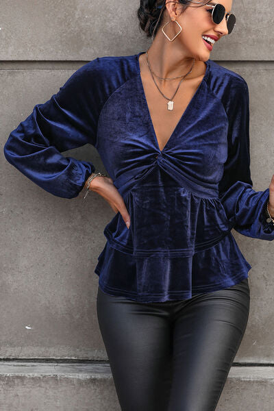 Indigo Velvet Plunge Raglan Sleeve Blouse