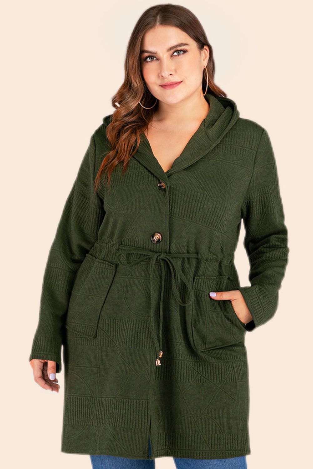 Olive Plus Size Drawstring Hooded Cardigan with Pockets