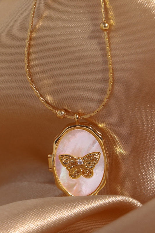 Gold Plated Shell Inlayed Butterfly Locket Necklace