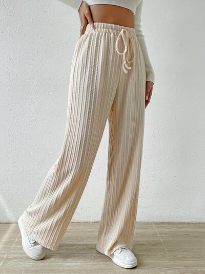 Beige Drawstring Wide Leg Pants