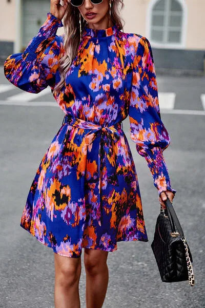 Office Dress Floral Tie Waist Lantern Sleeves Bazaare Mart Long Sleeve Dress