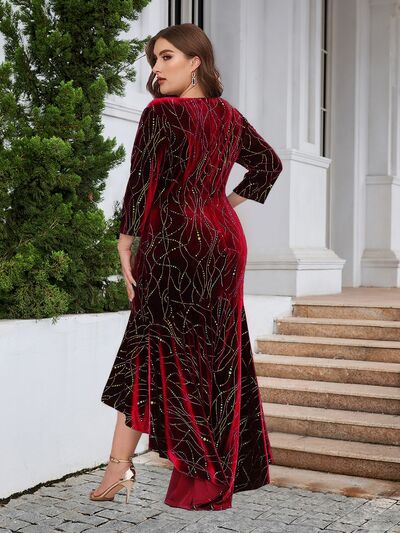 Formal Plus Size Velvet Ruffle Hem Sparkly High-Low Dress