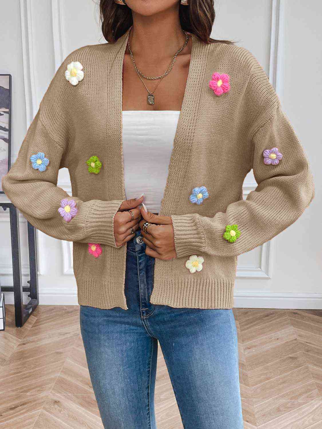 Sweet Embroidered Floral Open Front Cardigan