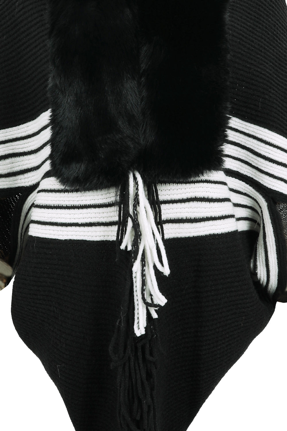 Fur Trim Striped Fringe Long Sleeve Sweater - Bazaare Mart