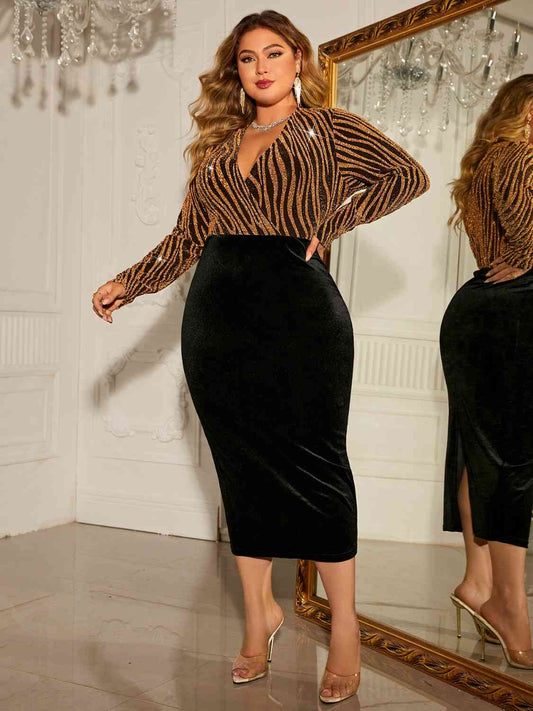 Formal Plus Size Surplice Neck Long Sleeve Slit Dress