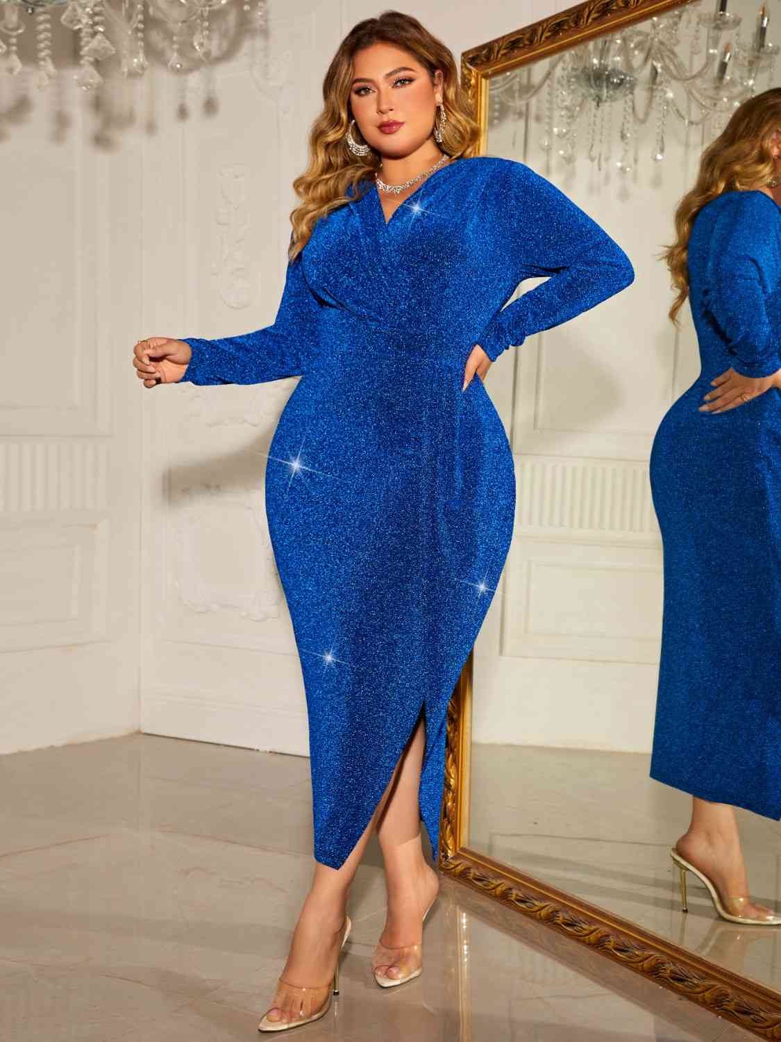 Formal Royal Blue Sequin Plus Size Surplice Neck Dress
