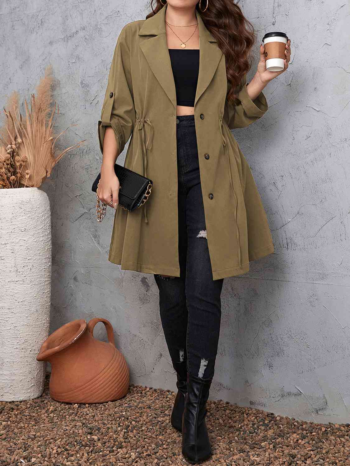 Plus Size Drawstring Trench Coat