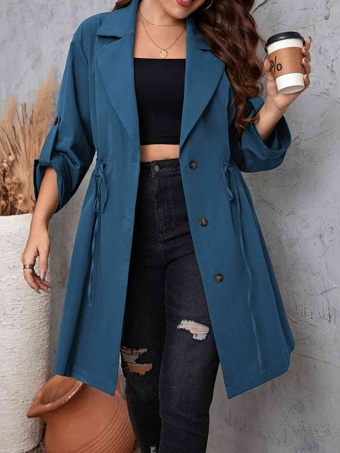 Plus Size Drawstring Trench Coat