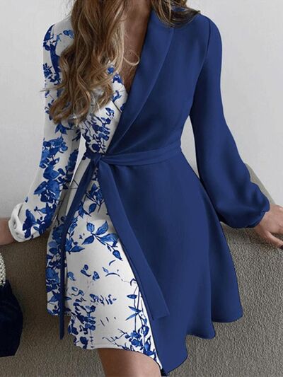 Blue Floral Surplice Tie-Waist Balloon Sleeve Dress