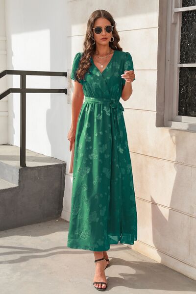 Green Floral Cap Sleeve Maxi Dress