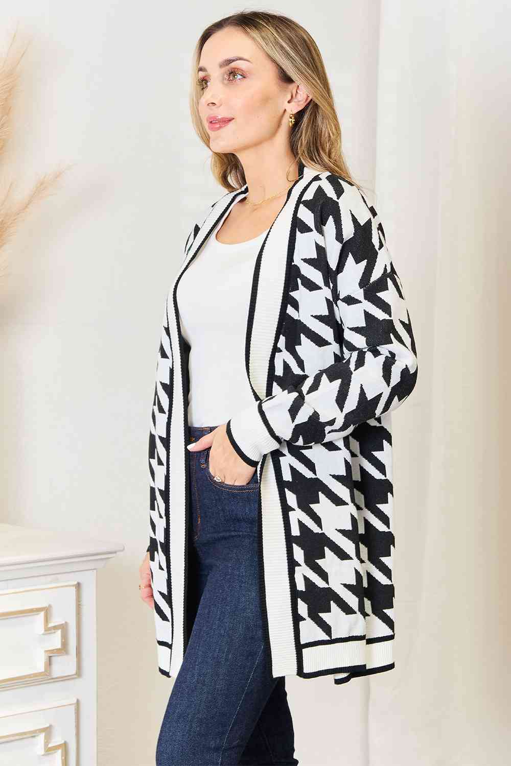 Giant Houndstooth Open Front Longline Cardigan