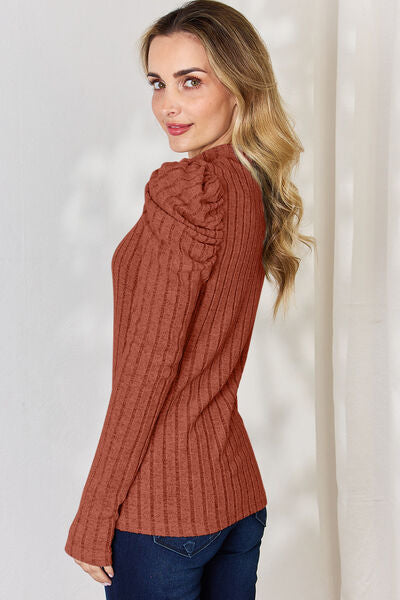 Ribbed Mock Neck Puff Long Sleeve Top