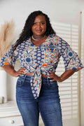 Floral Tie Waist 3/4 Length Sleeve Blouse Navy Trendsi Blouse
