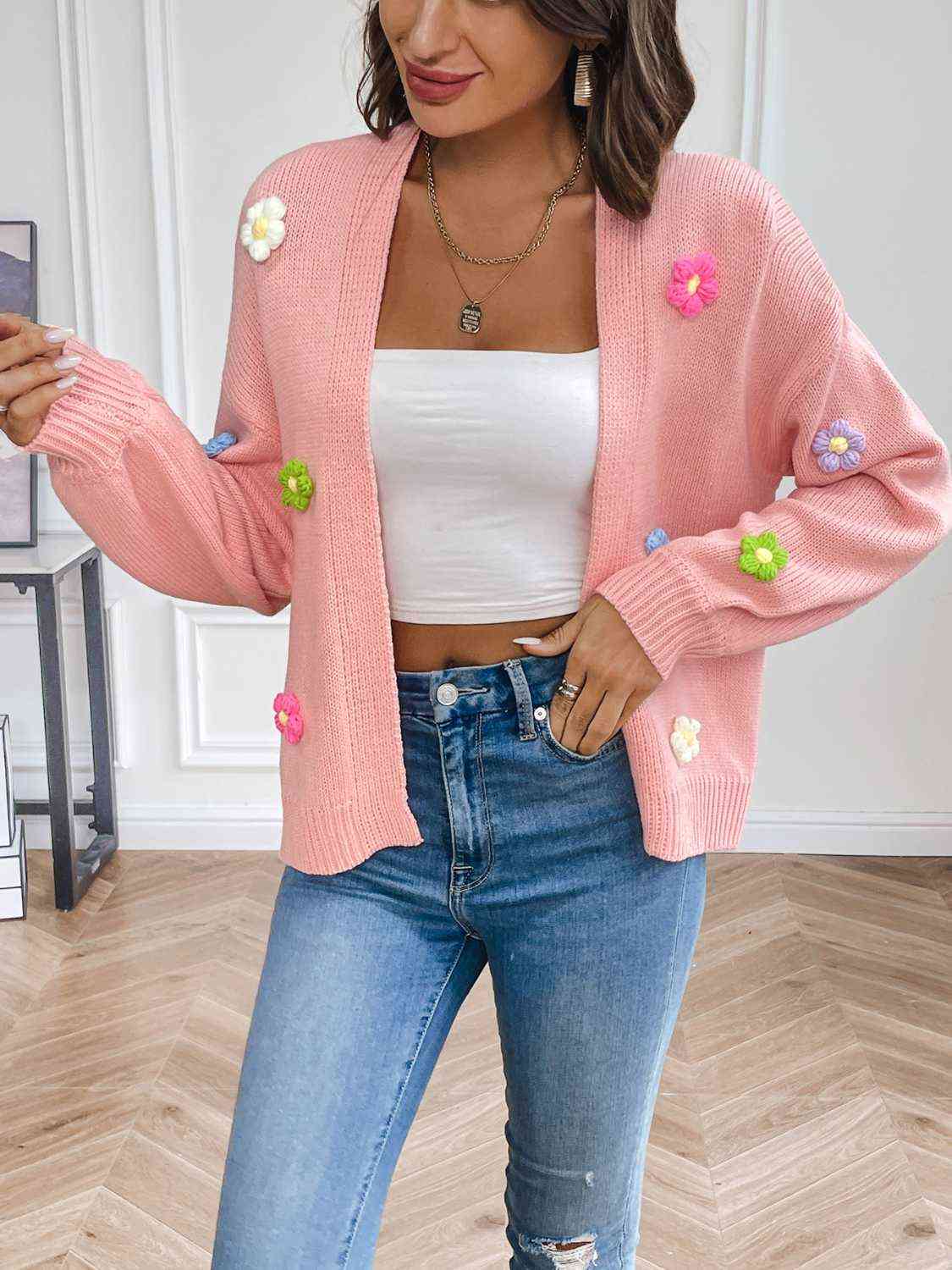 Sweet Embroidered Floral Open Front Cardigan