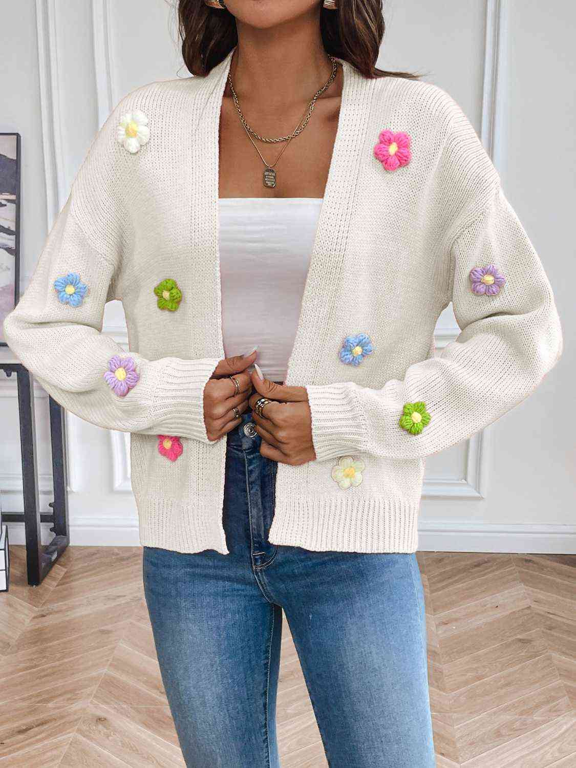 Sweet Embroidered Floral Open Front Cardigan