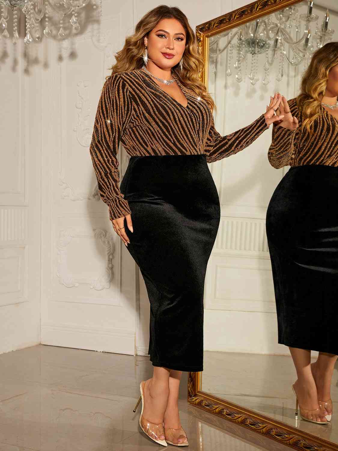 Formal Plus Size Surplice Neck Long Sleeve Slit Dress