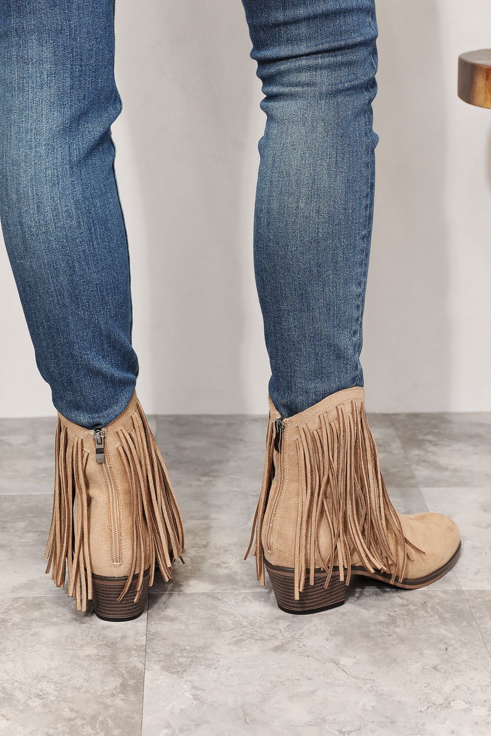 Back view of Beige Faux Suede Fringe Ankle Boot