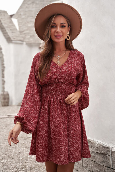 Red Floral Smocked V-Neck Balloon Sleeve Peasant Dress