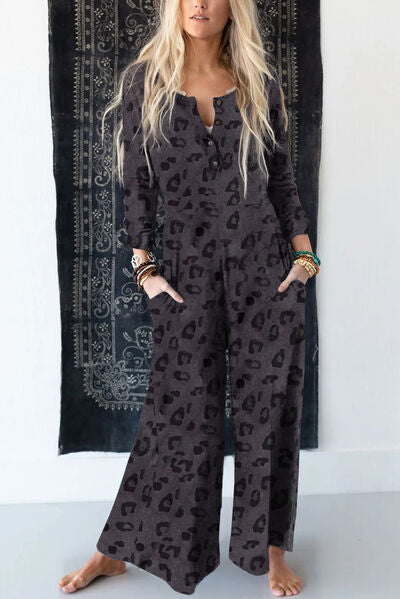 Charcoal Wide Leg Leopard Jumpsuit