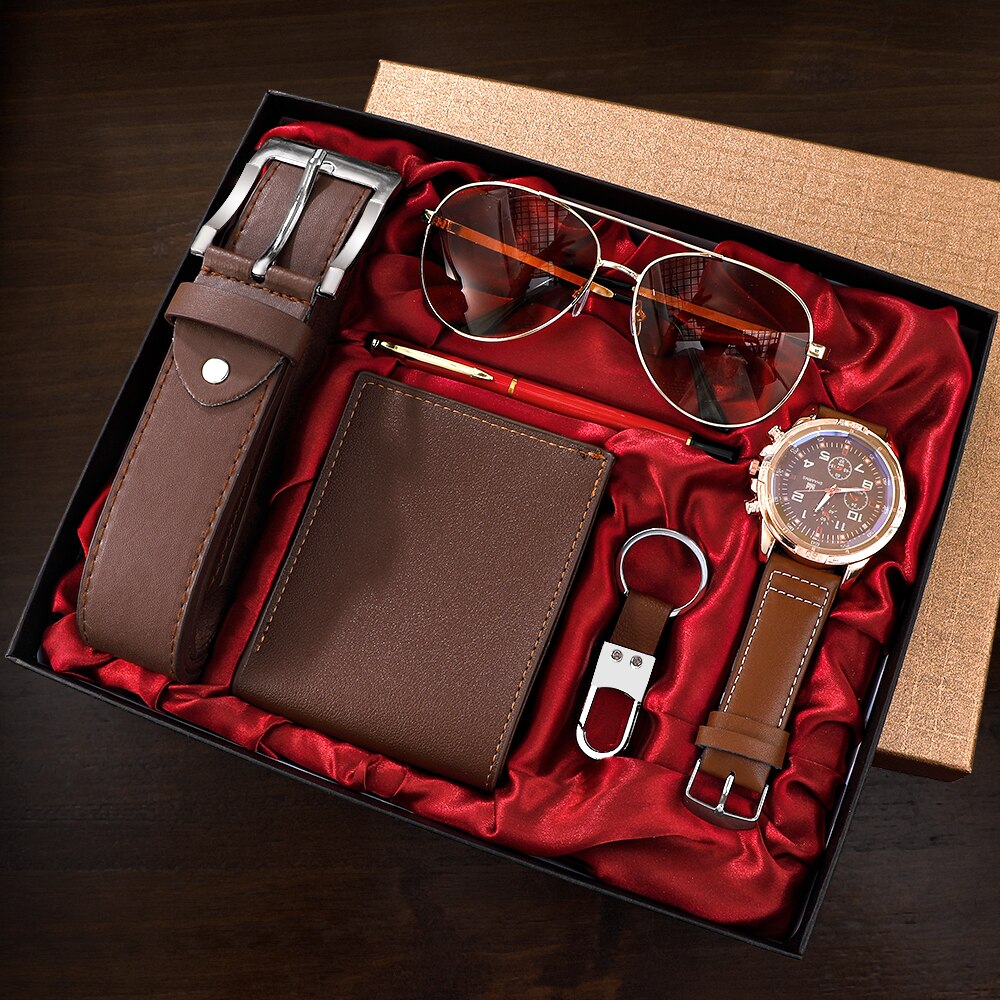 Men's Set 6 in 1 Brown Luxury Gift Set with Aviators, Watch, Wallet, Key Ring, Belt and Pen