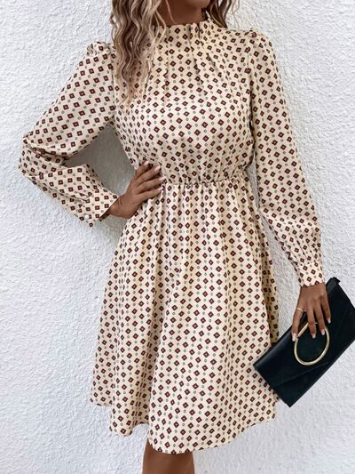 Office Chic Cream & Brown Retro Diamond Print Long Sleeve Dress