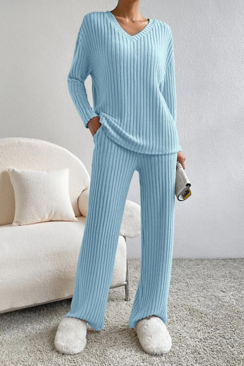 Ladies Blue Ribbed V-Neck Lounge Wear Set