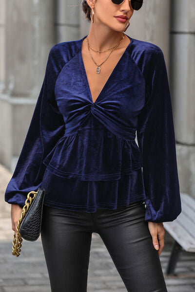 Indigo Velvet Plunge Raglan Sleeve Blouse