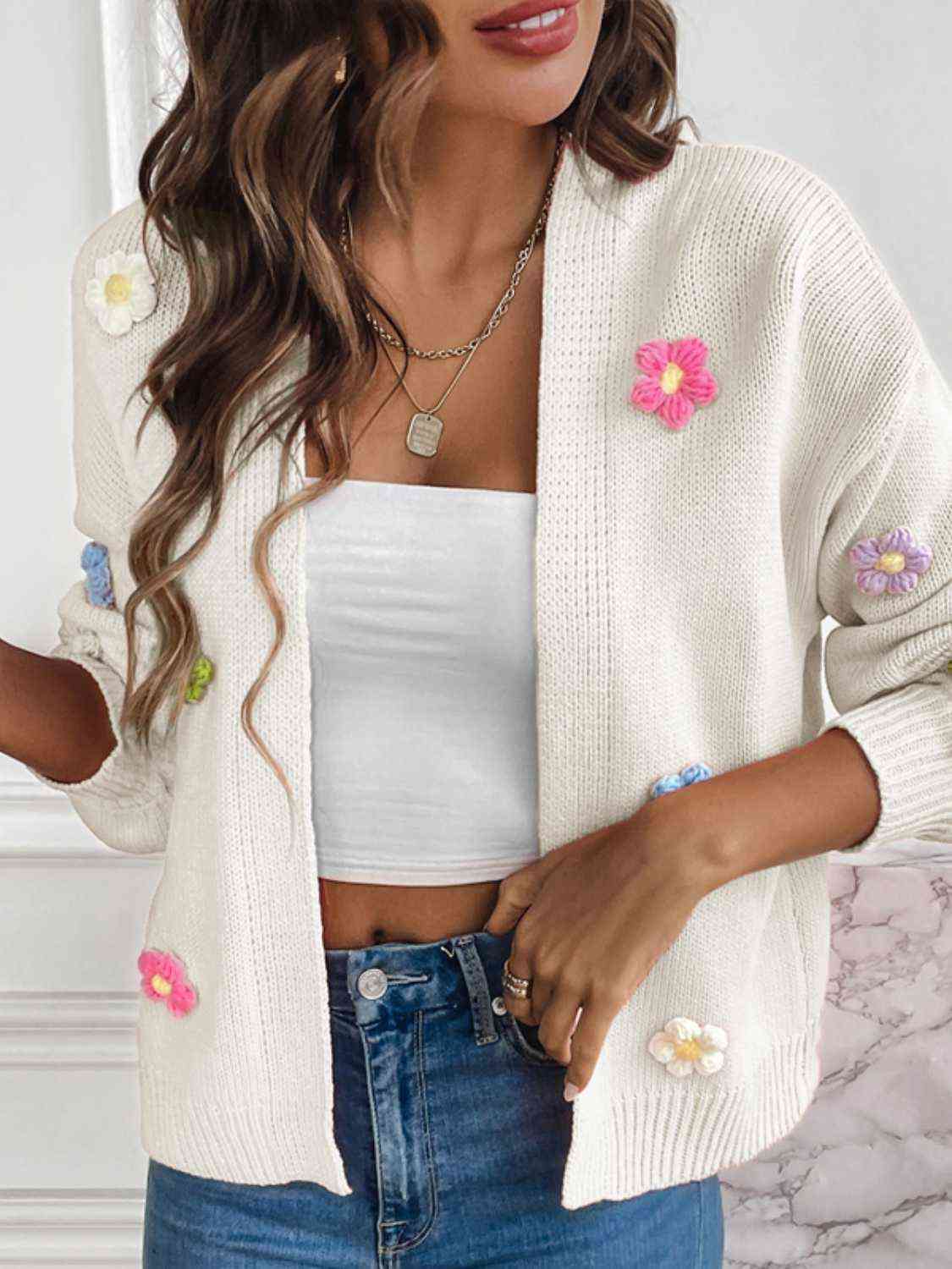Sweet Embroidered Floral Open Front Cardigan