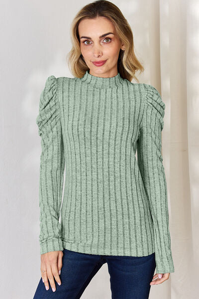 Ribbed Mock Neck Puff Long Sleeve Top