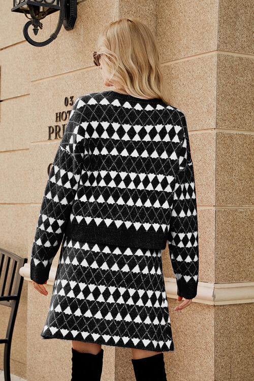 Geometric Button Front Cardigan and Skirt Set - Bazaare Mart