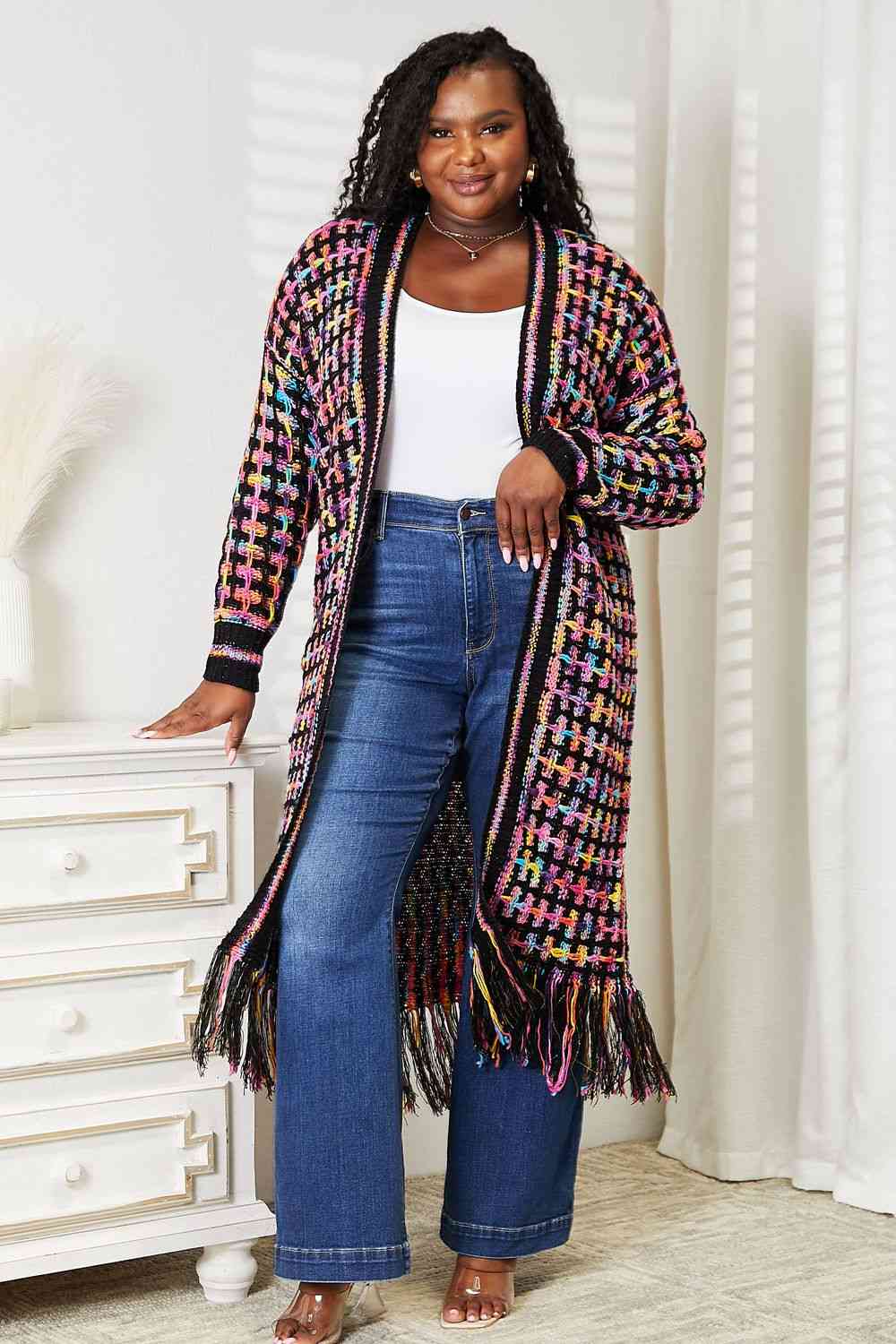 Colorful Fringe Hem Long Cardigan